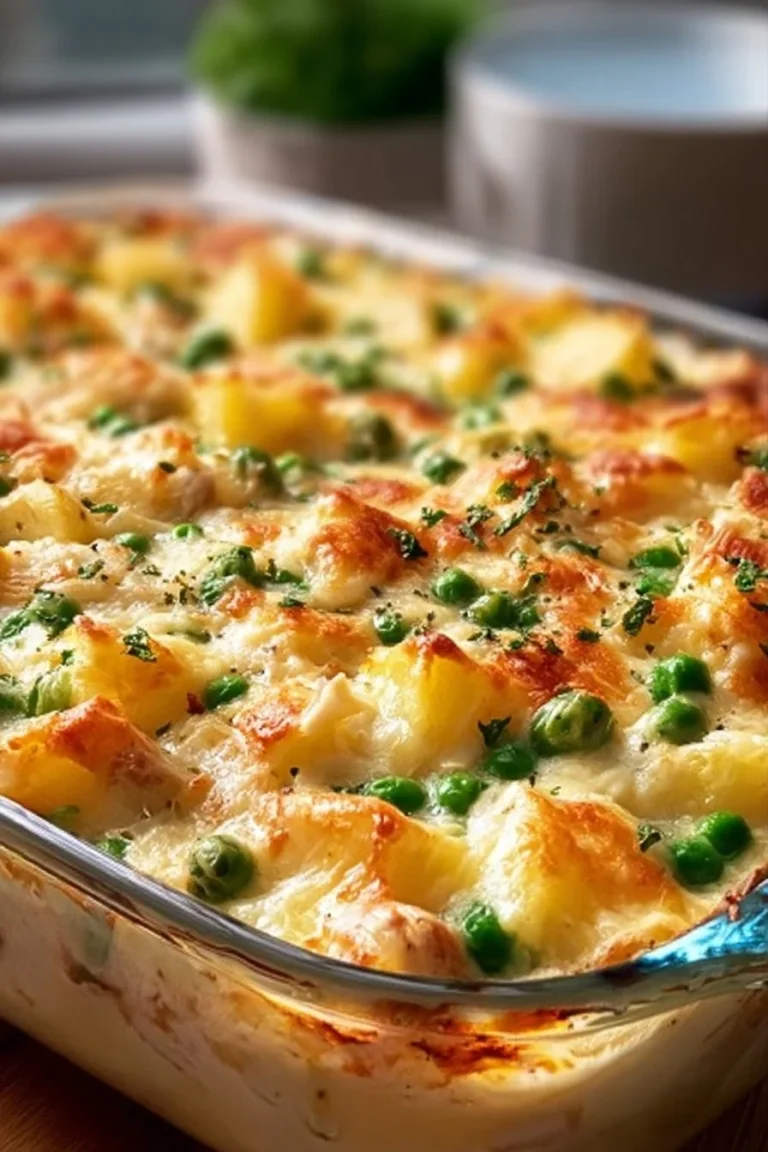 Spring veggie loaded chicken potato casserole dish ready to serve