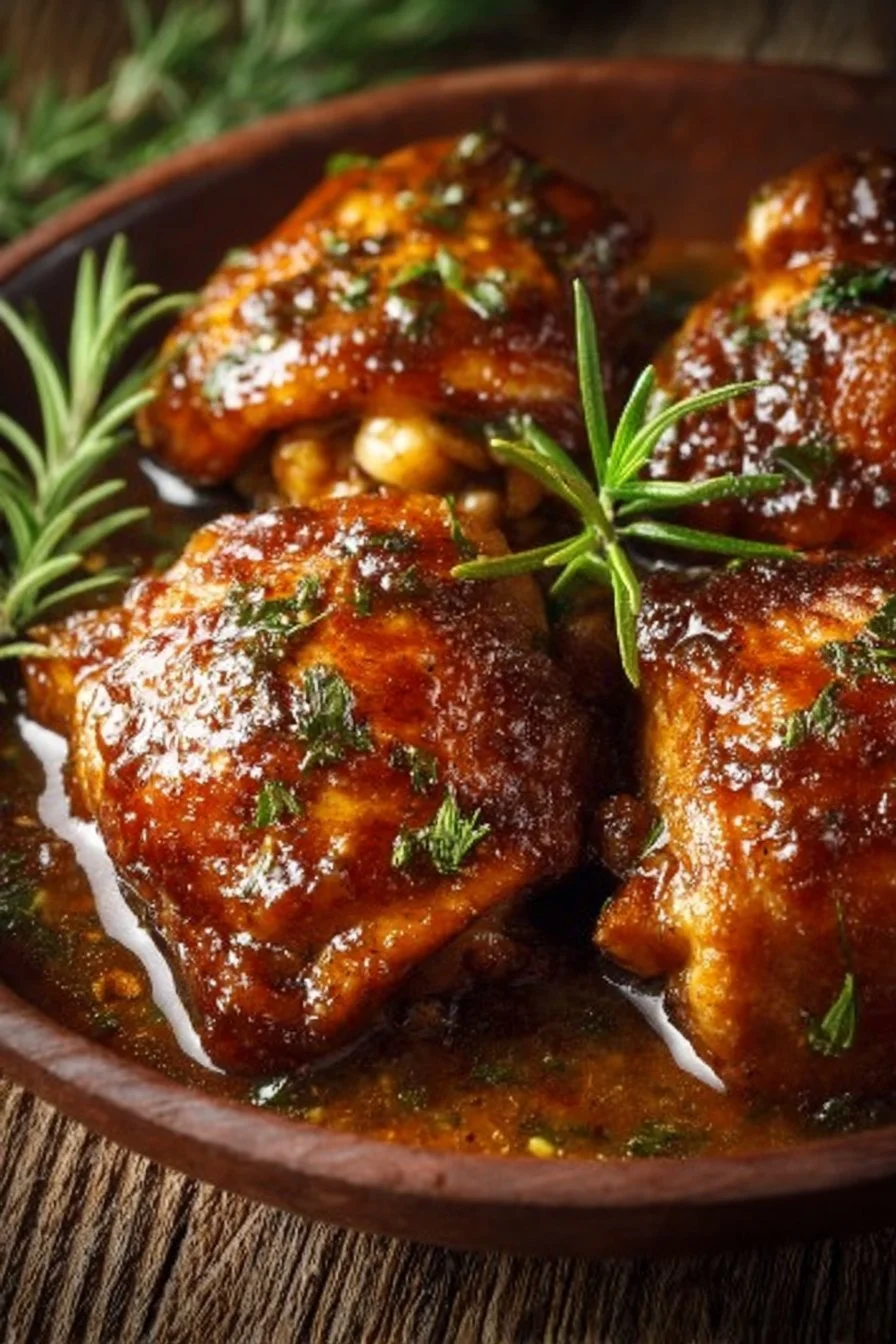 Delicious sticky baked chicken thighs served on a plate with herbs.