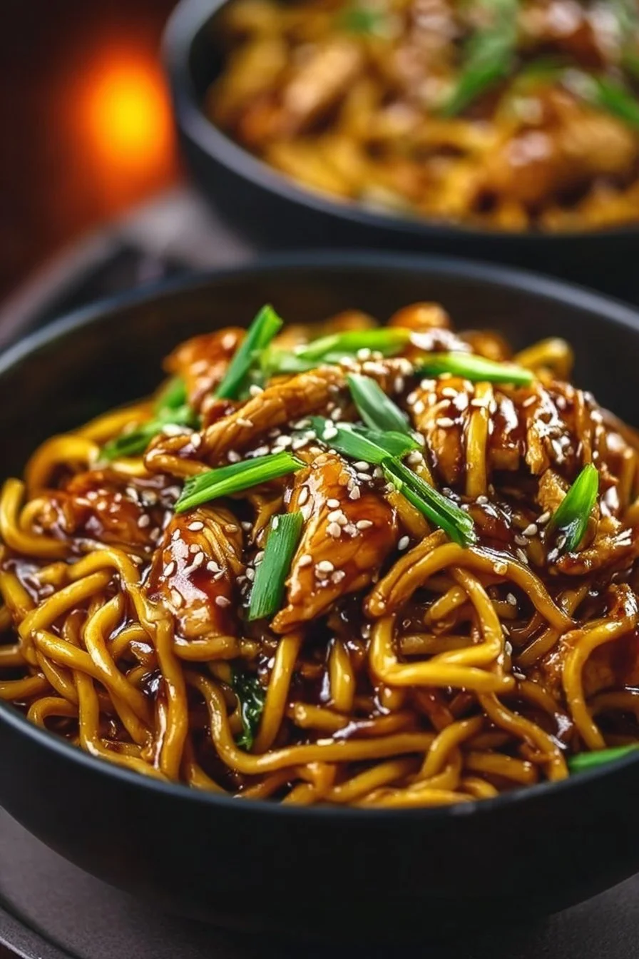 Plate of sticky garlic chicken noodles garnished with green onions.