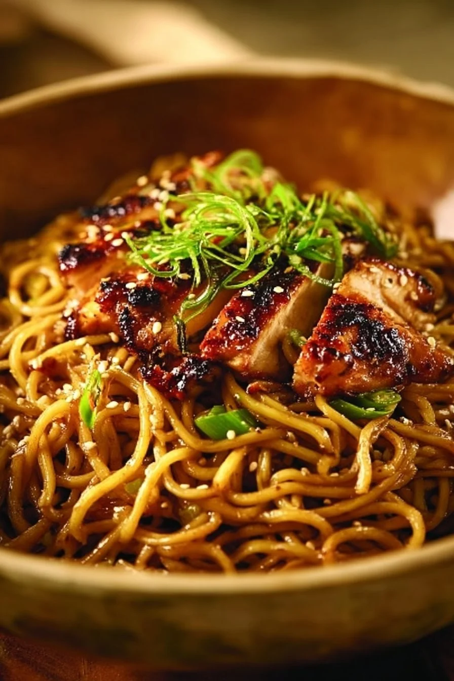 Delicious plate of sticky garlic chicken noodles garnished with green onions.