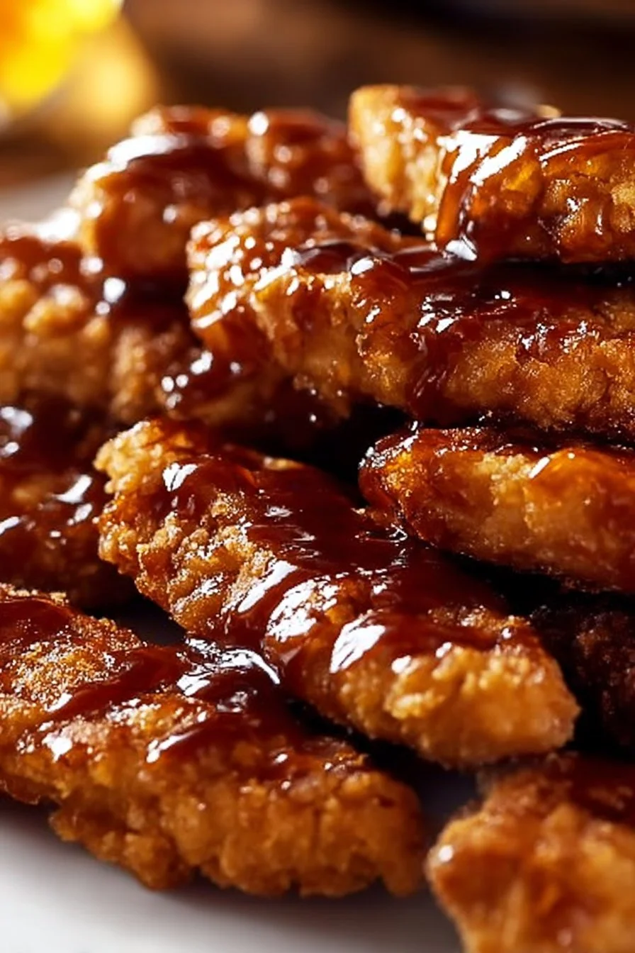 Delicious sticky honey BBQ chicken strips served with dipping sauce