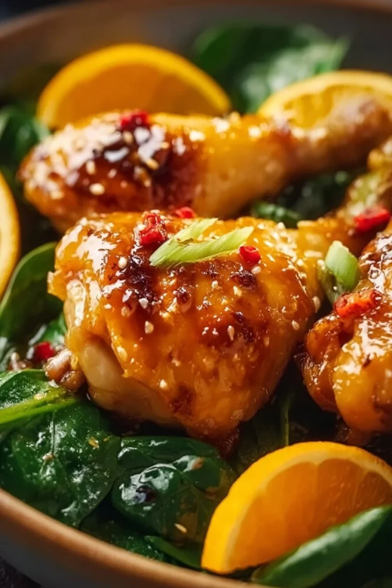 Plate of Sticky Orange Chicken garnished with sesame seeds and green onions