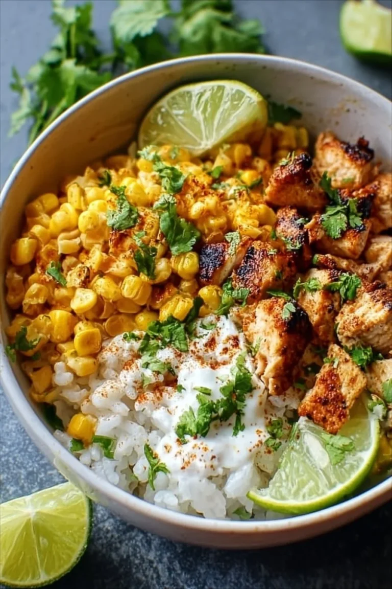 Delicious Street Corn Chicken Rice Bowl with grilled chicken and fresh toppings