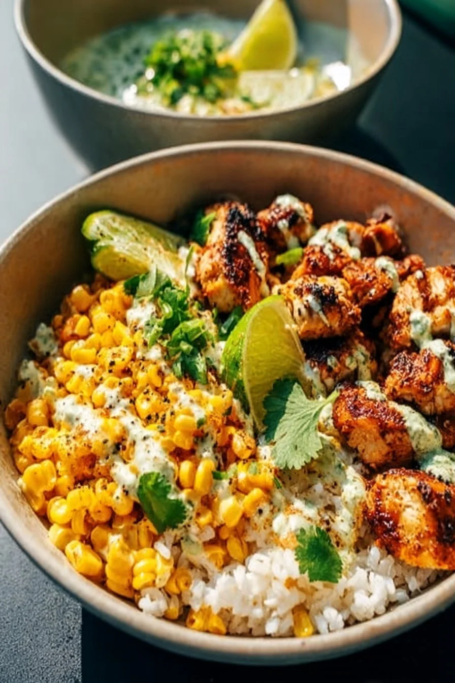 Street Corn Chicken Rice Bowl with fresh ingredients and spices