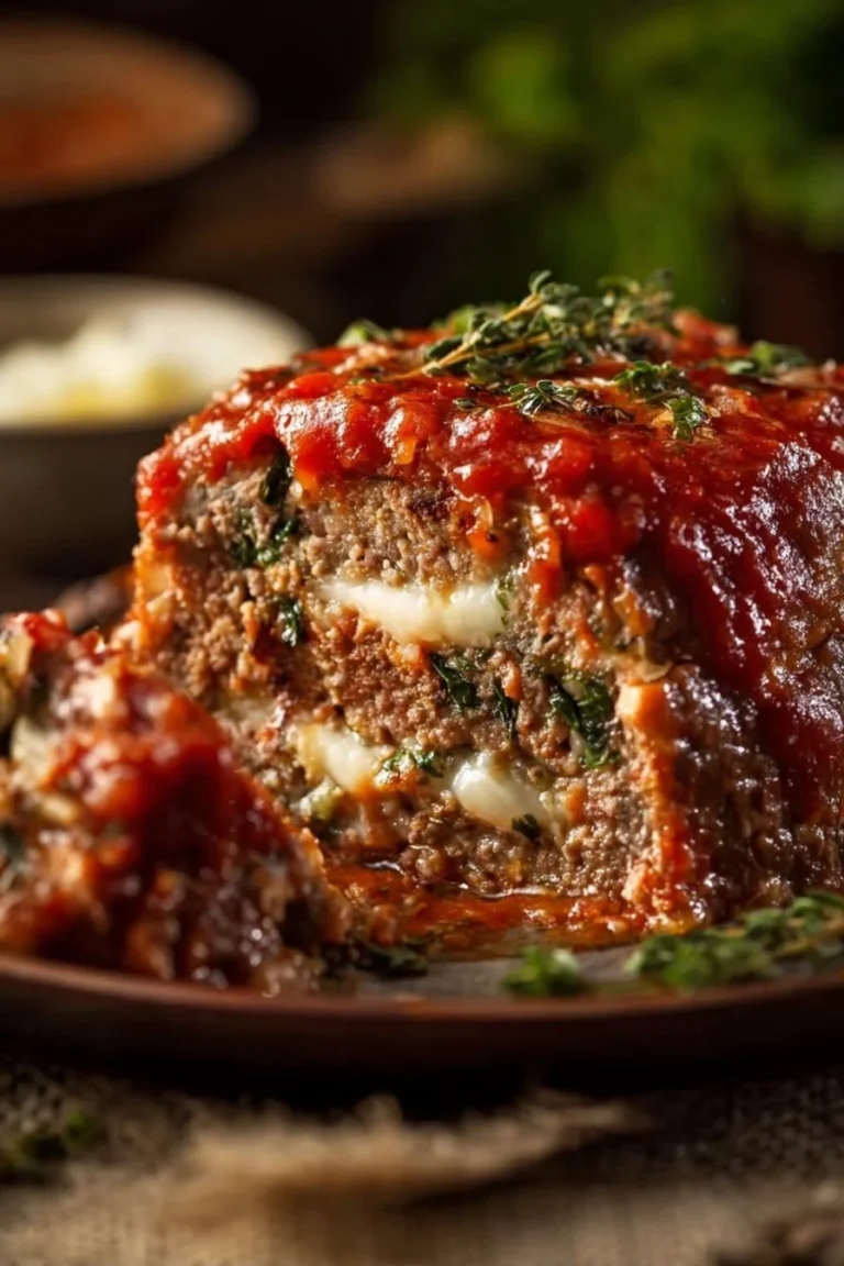 Delicious stuffed Italian meatloaf on a plate with herbs and tomato sauce