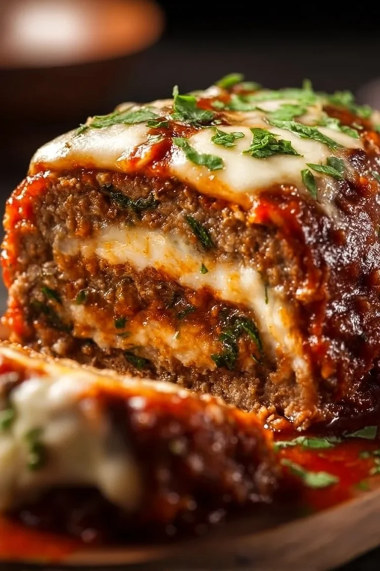 Stuffed Italian Meatloaf served on a plate with fresh herbs