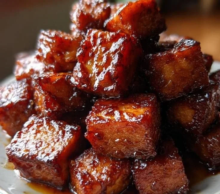 Sweet and sour Spam burnt ends served on a plate with garnish.