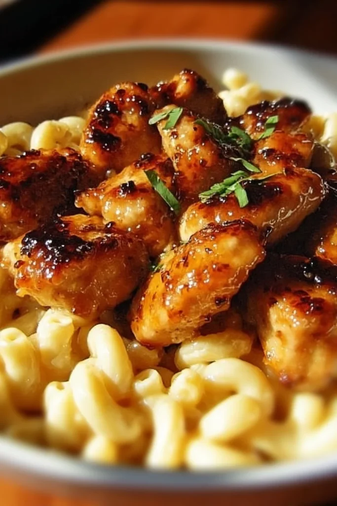 Sweet and spicy Honey Pepper Chicken served with creamy macaroni cheese