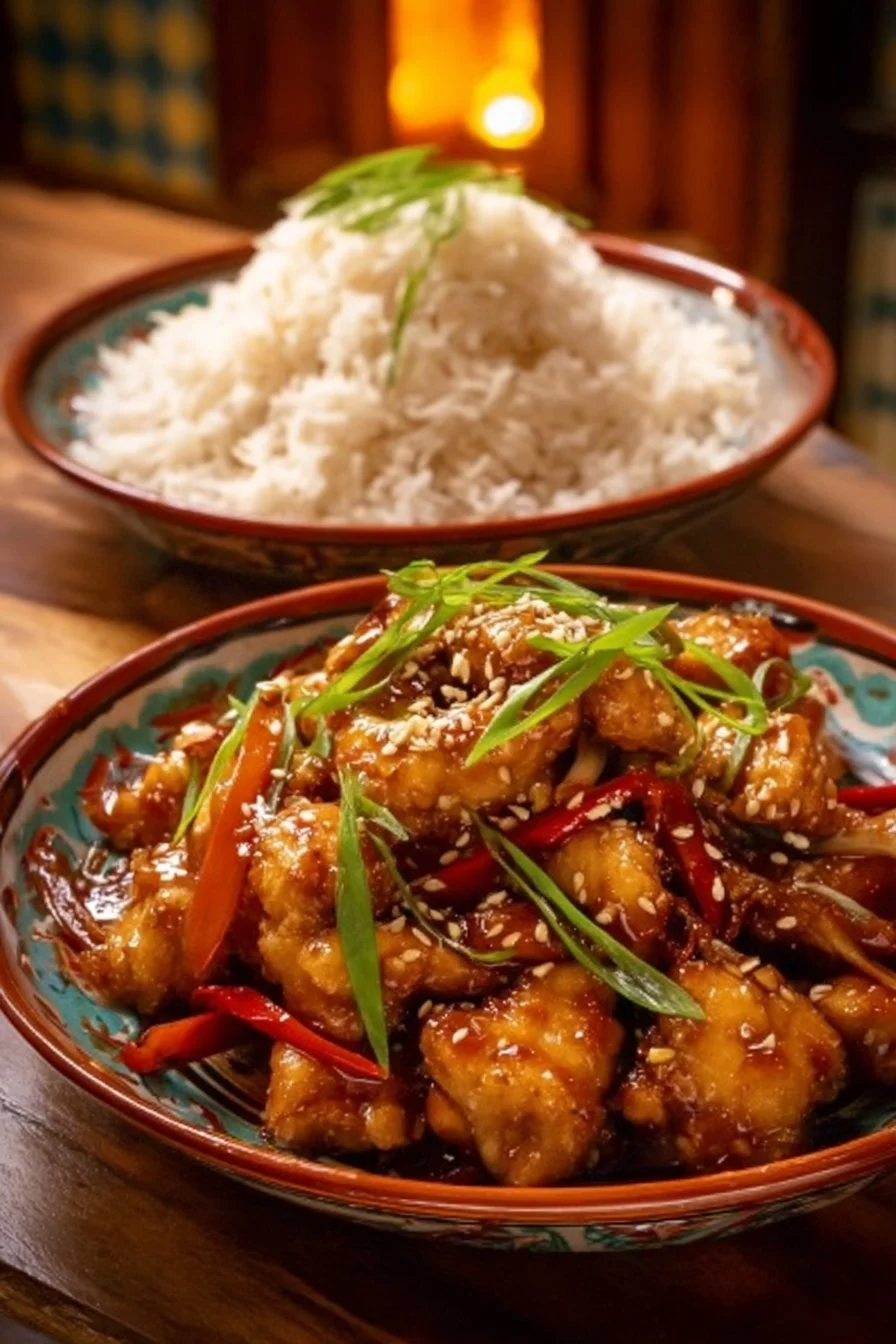 Delicious and spicy Szechuan Chicken served with colorful vegetables