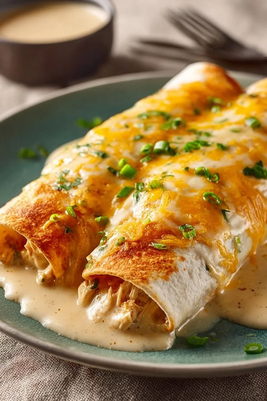 Delicious white rotisserie chicken enchiladas topped with cheese and herbs