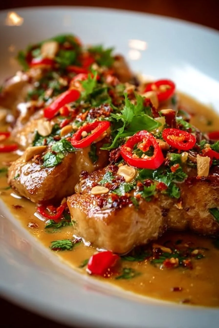 Plate of Thai Peanut Chicken garnished with vegetables and peanuts