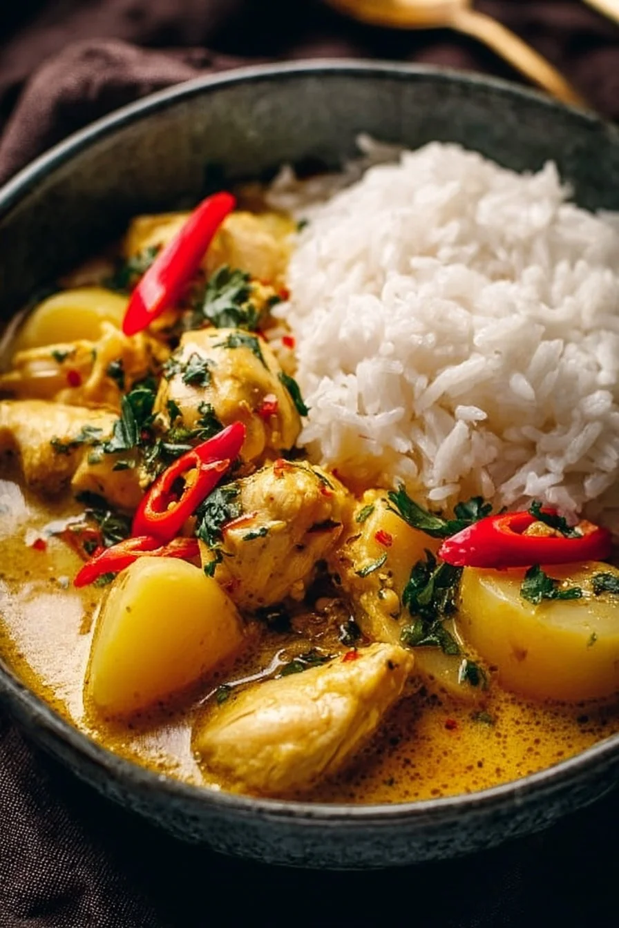 Delicious bowl of Thai Yellow Chicken Curry with Potatoes served on a wooden table