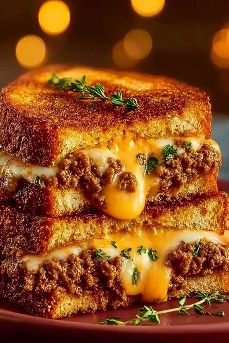 Delicious Ultimate Cheesy Ground Beef Melt topped with gooey cheese and garnished.