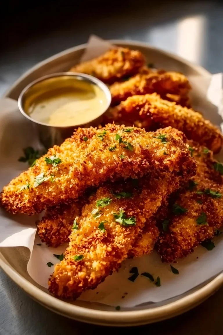 Delicious panko crusted chicken strips served with dipping sauce