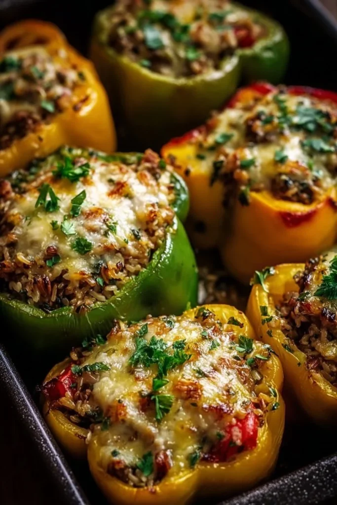 Healthy vegetarian stuffed bell peppers with colorful ingredients