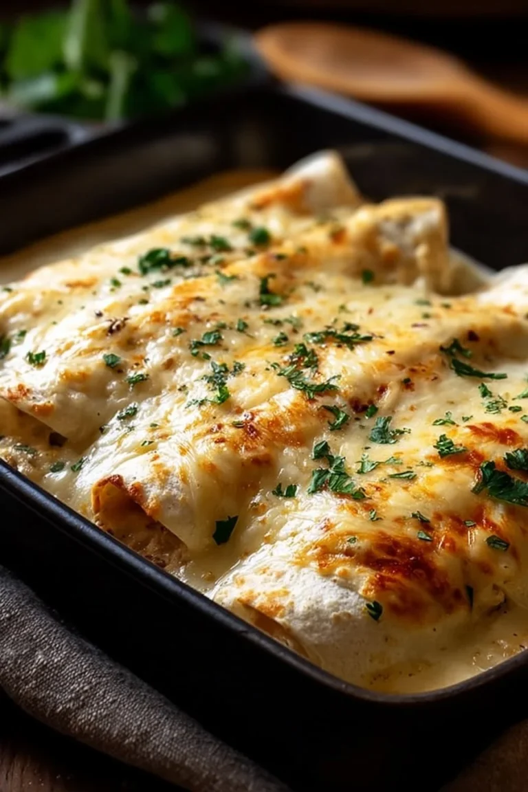 White chicken enchiladas topped with sauce and cheese