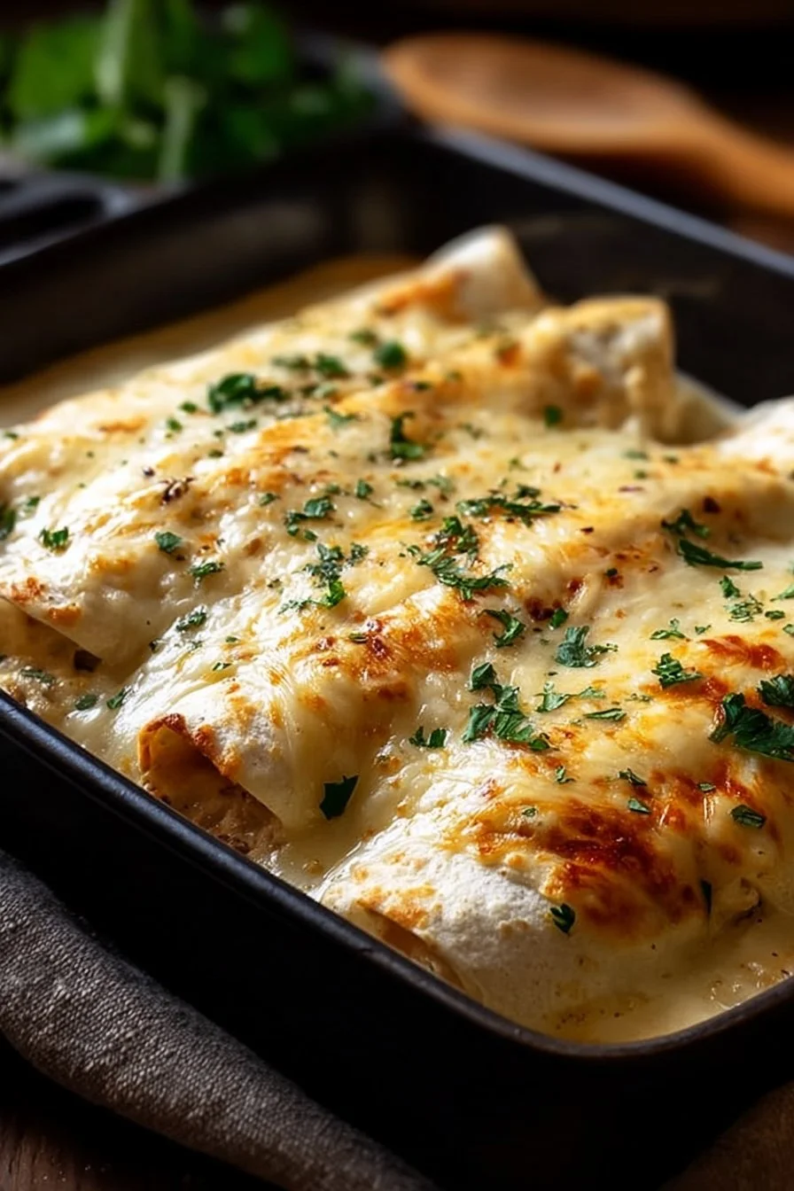 White chicken enchiladas topped with sauce and cheese