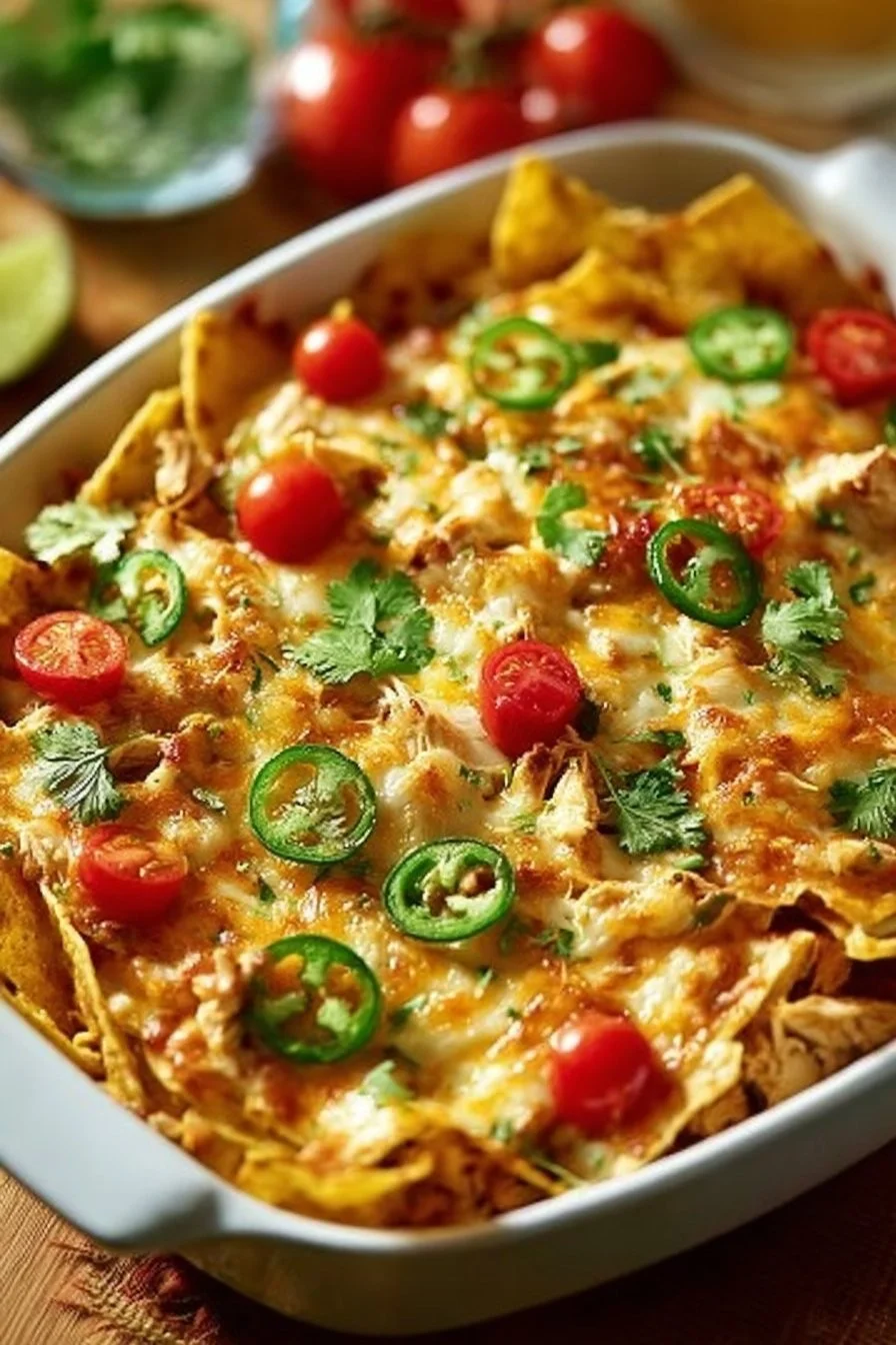 Zesty Chicken Tortilla Crunch Casserole topped with crispy tortilla chips