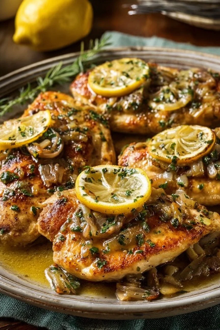 Plated zesty lemon shallot chicken garnished with fresh herbs