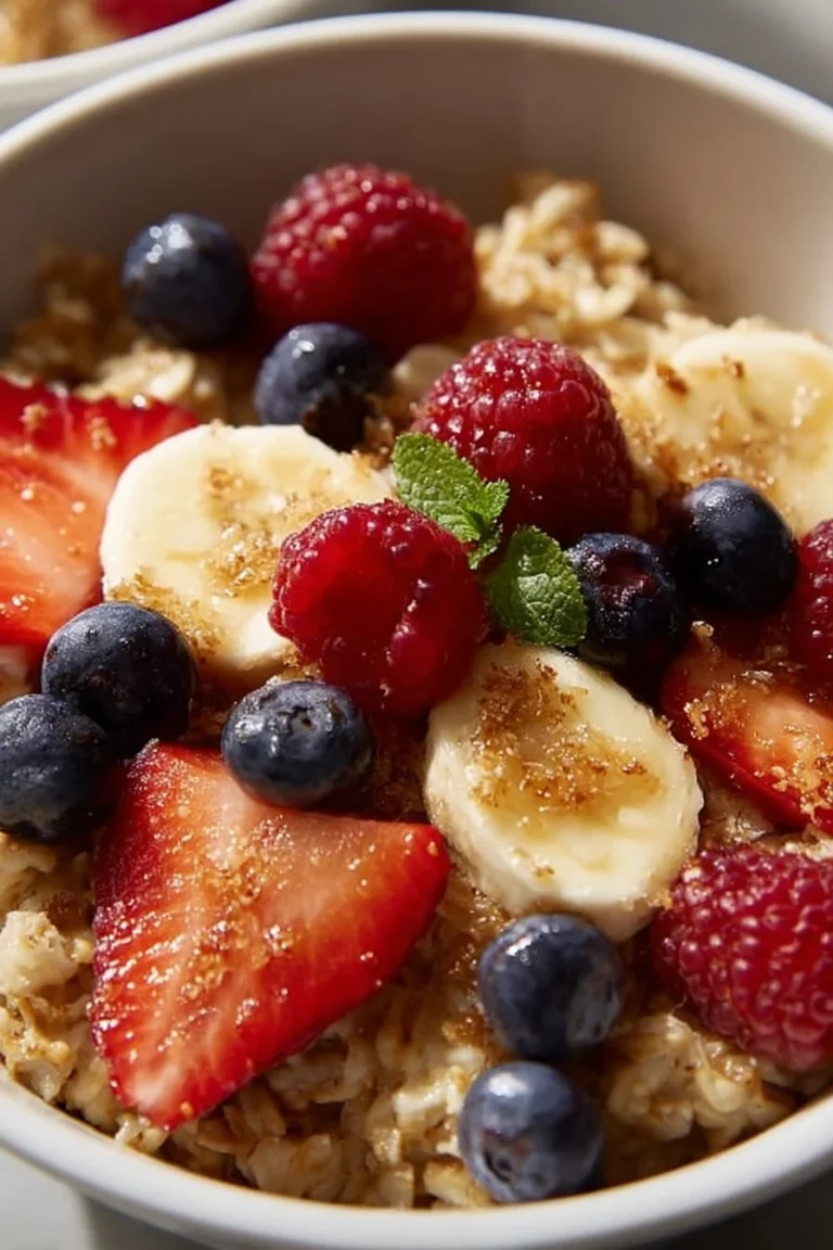 Delicious baked oats topped with fresh fruits in a bowl