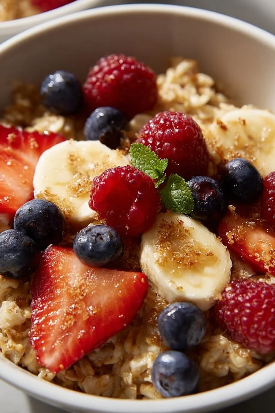 Delicious baked oats topped with fresh fruits in a bowl