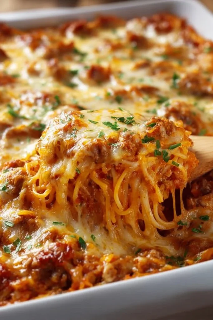 A delicious serving of baked spaghetti topped with melted cheese and herbs