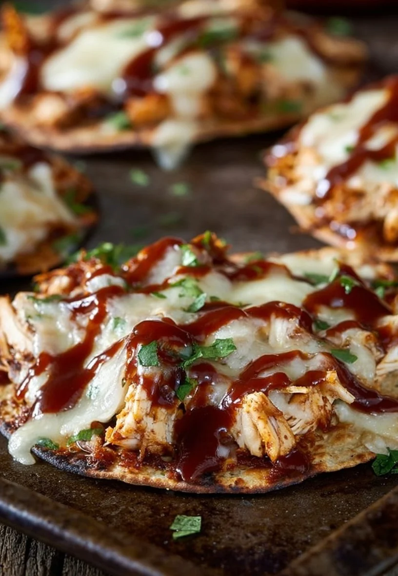 BBQ chicken tostadas topped with fresh ingredients on a plate