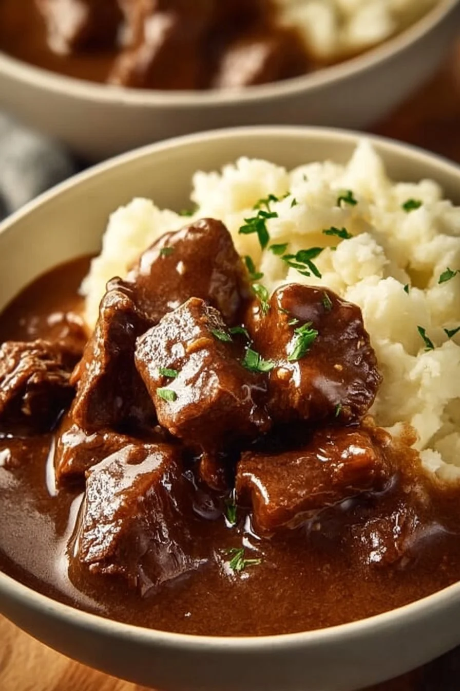 Delicious beef tips in savory gravy served with vegetables.