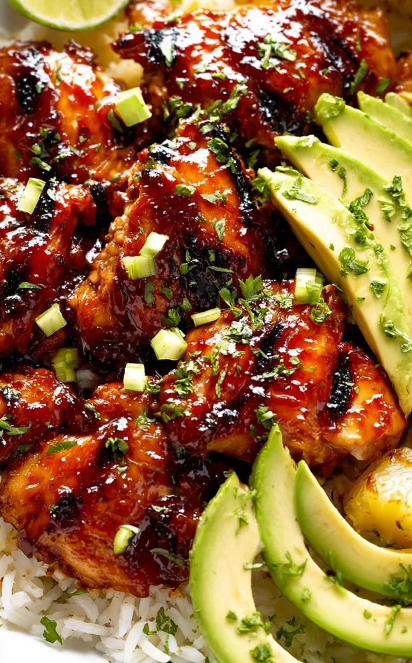 Delicious Hawaiian BBQ Chicken plated with vibrant tropical sides