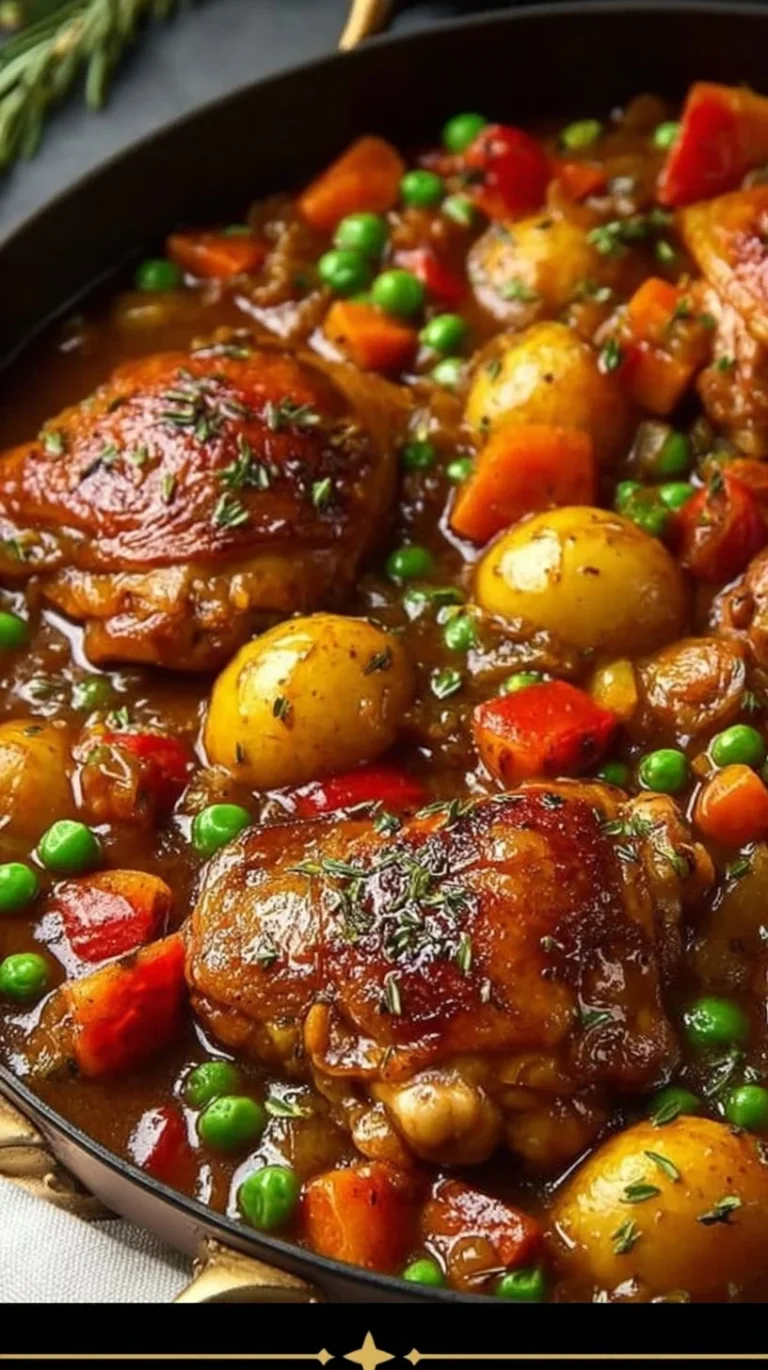 Braised chicken thighs cooked with fresh vegetables in a rustic pot