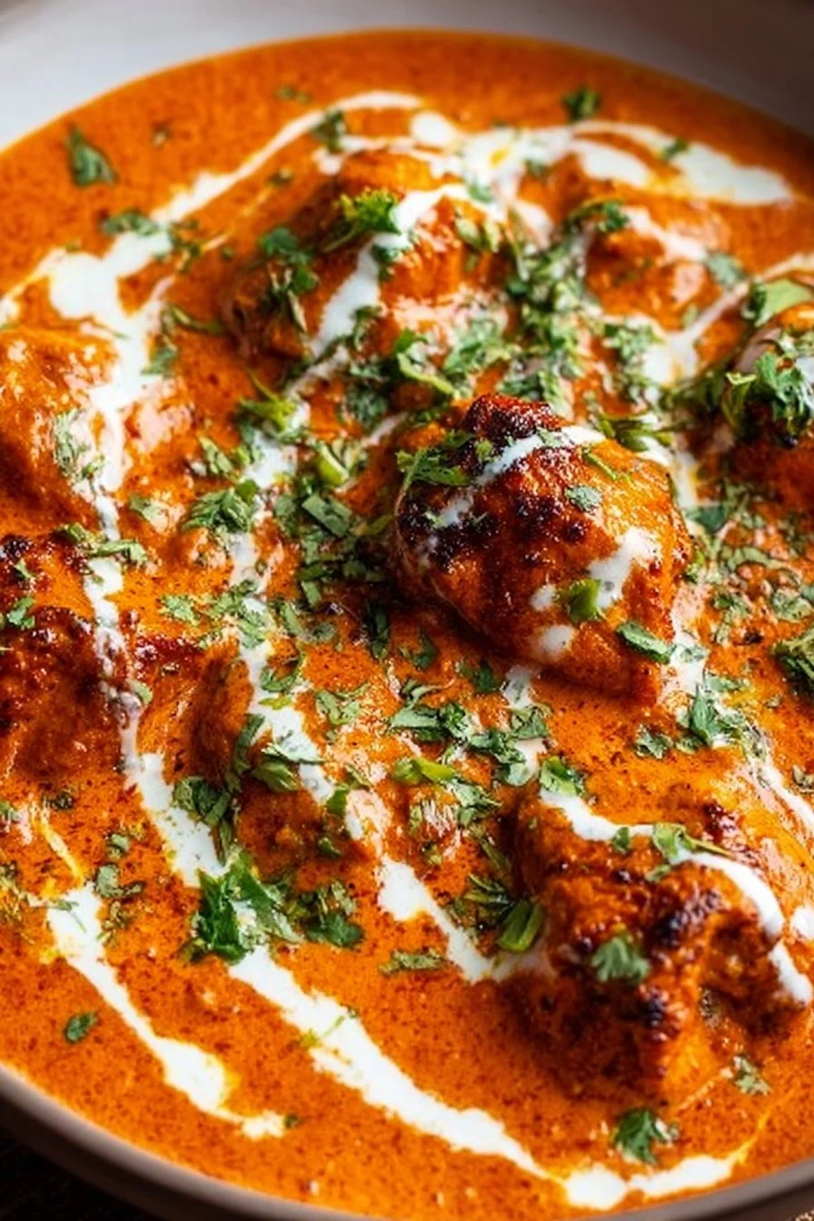 Delicious butter chicken served with rice and naan bread.