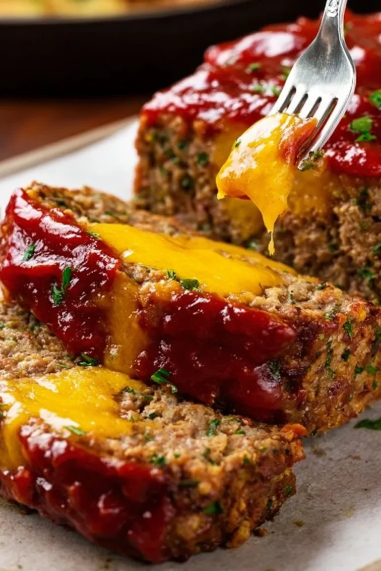 Delicious cheeseburger meatloaf topped with cheese and garnished with parsley