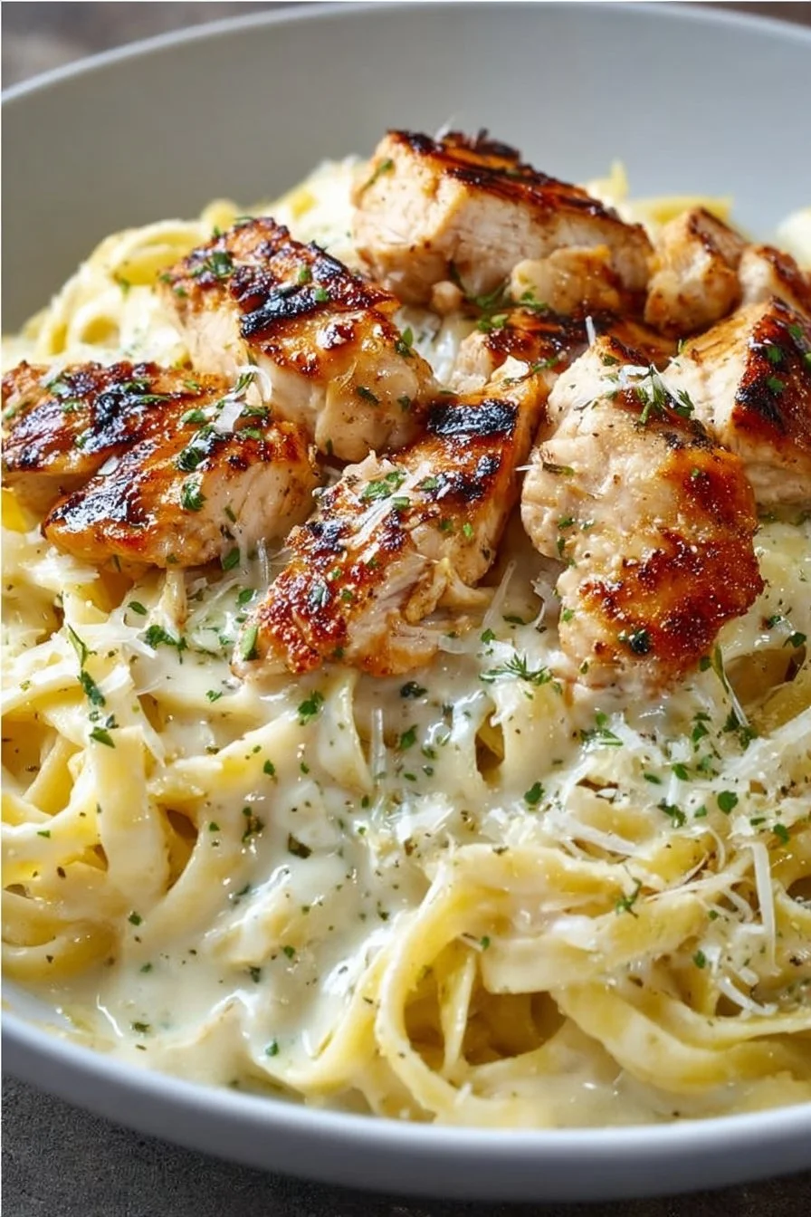 Delicious Chicken Alfredo dish with creamy sauce and tender chicken.