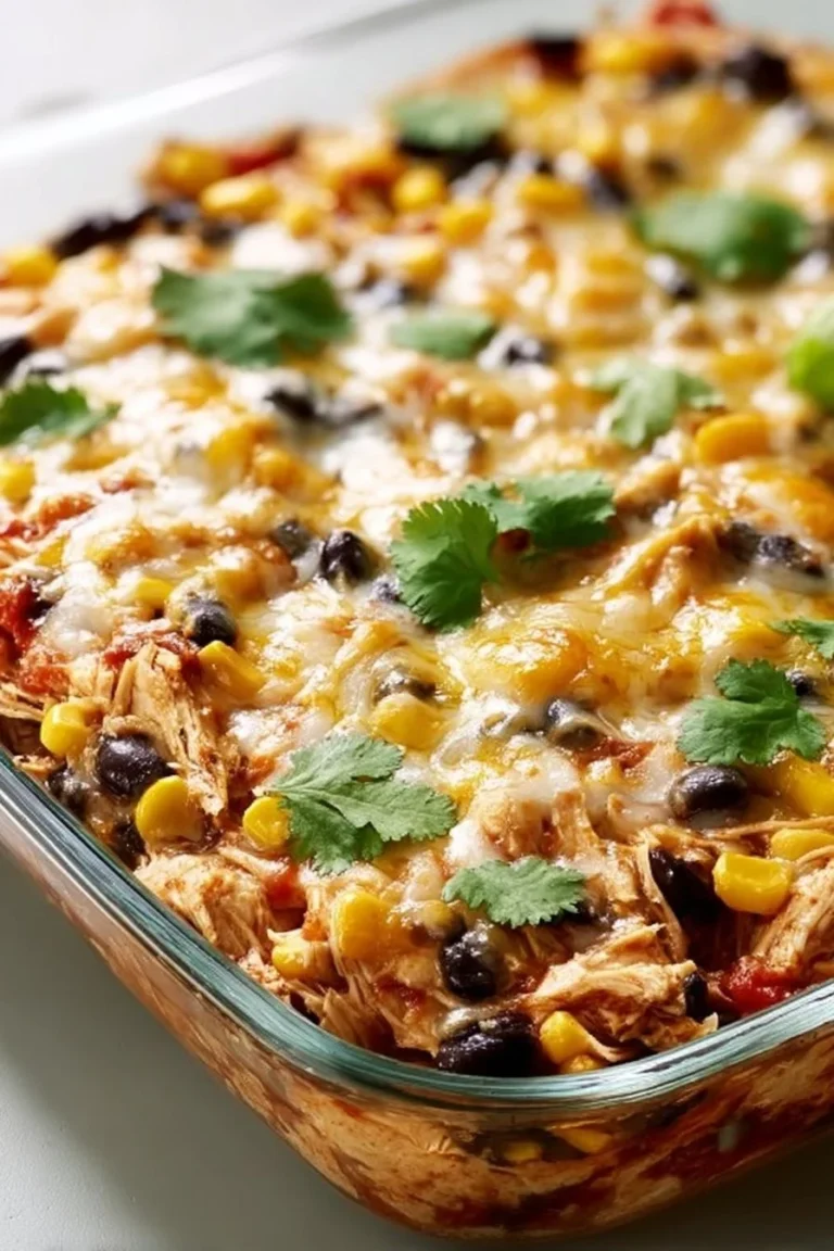Delicious Chicken Burrito Casserole topped with cheese and fresh ingredients