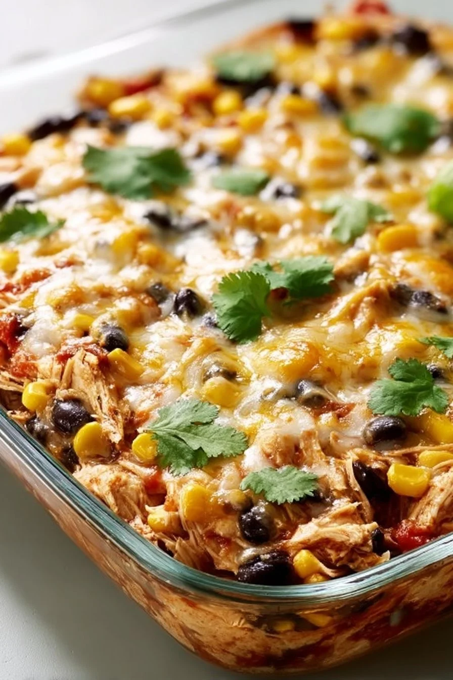 Delicious Chicken Burrito Casserole topped with cheese and fresh ingredients