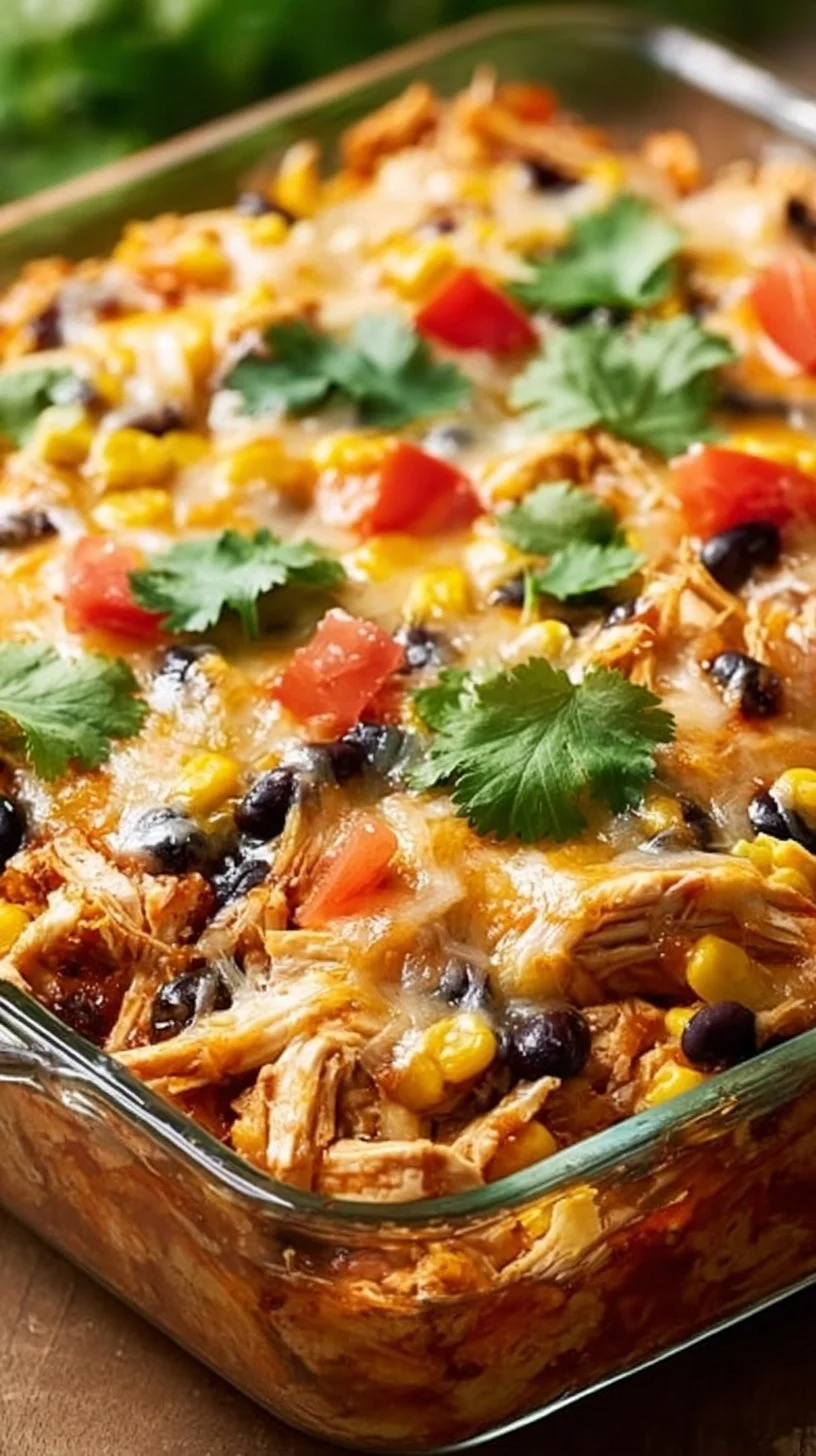 Delicious Chicken Burrito Casserole topped with cheese and fresh ingredients.