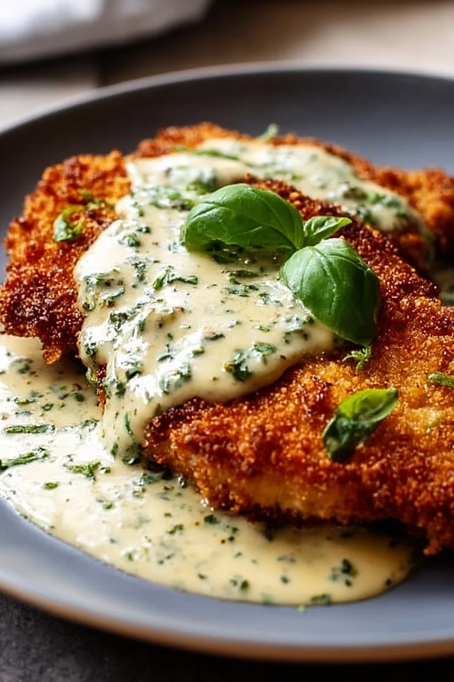 Delicious chicken served in a rich basil cream sauce