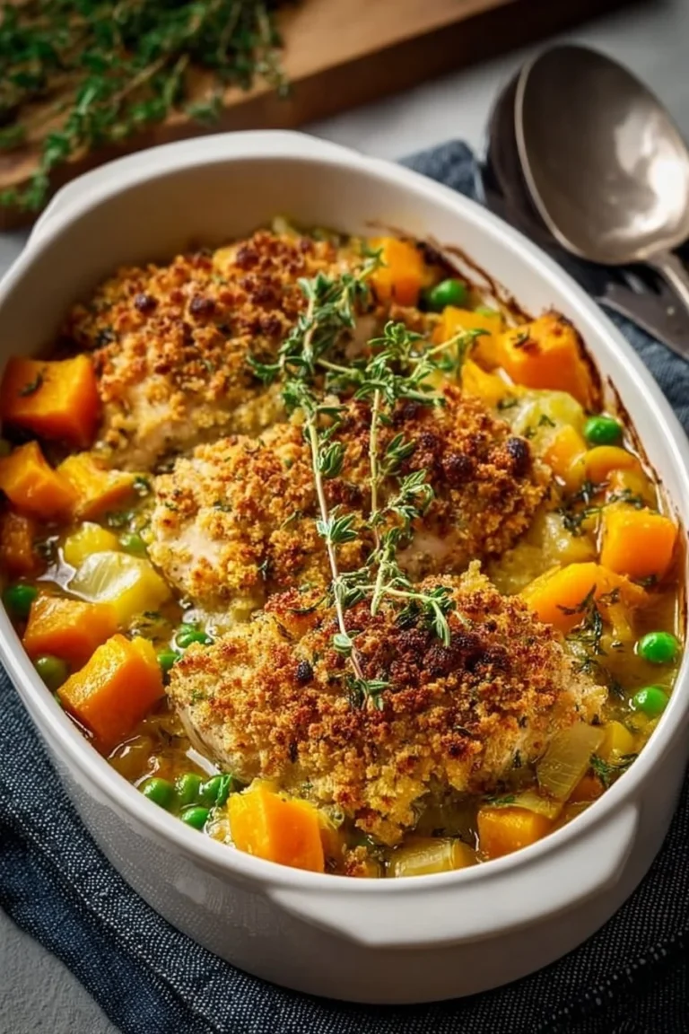 Chicken bake with leek and butternut squash in a baking dish