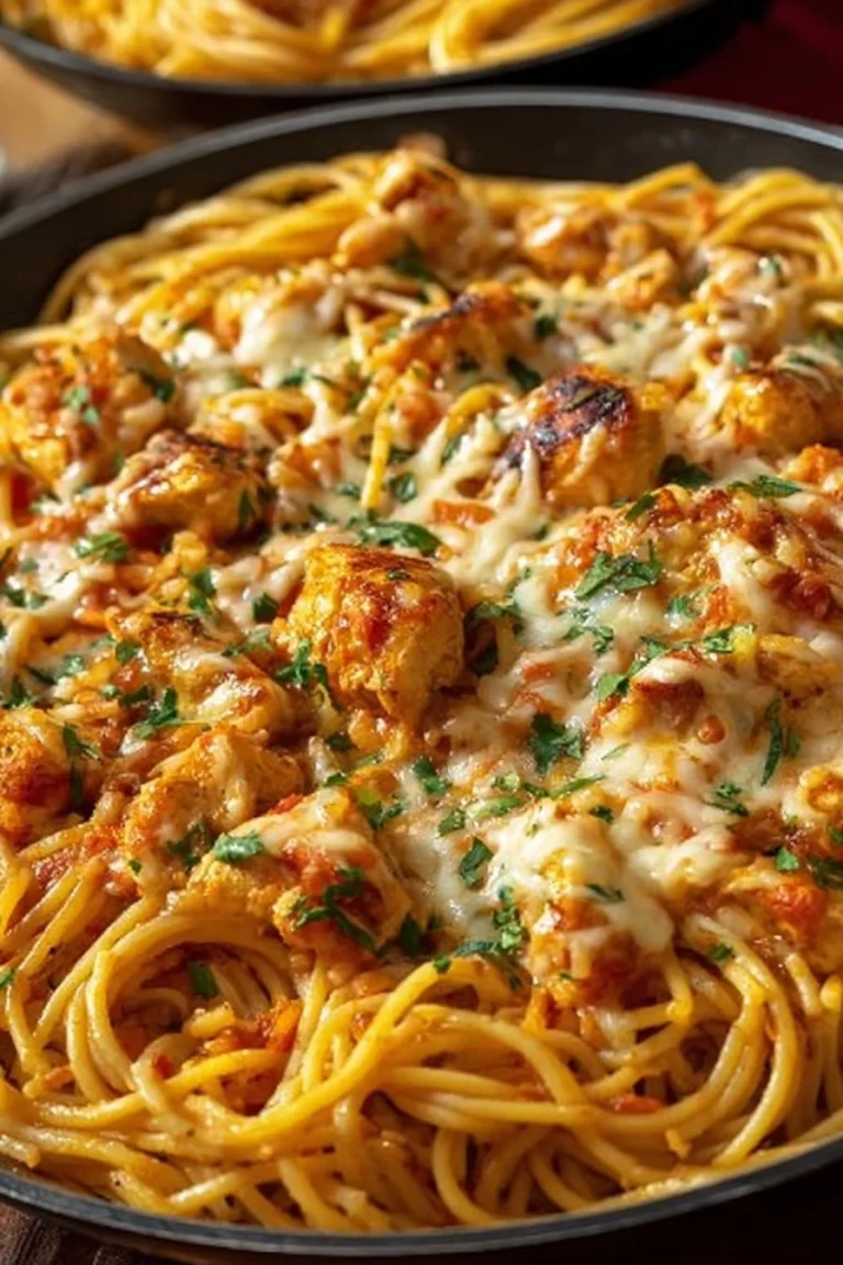 Delicious Chicken Spaghetti served with herbs and cheese on a plate