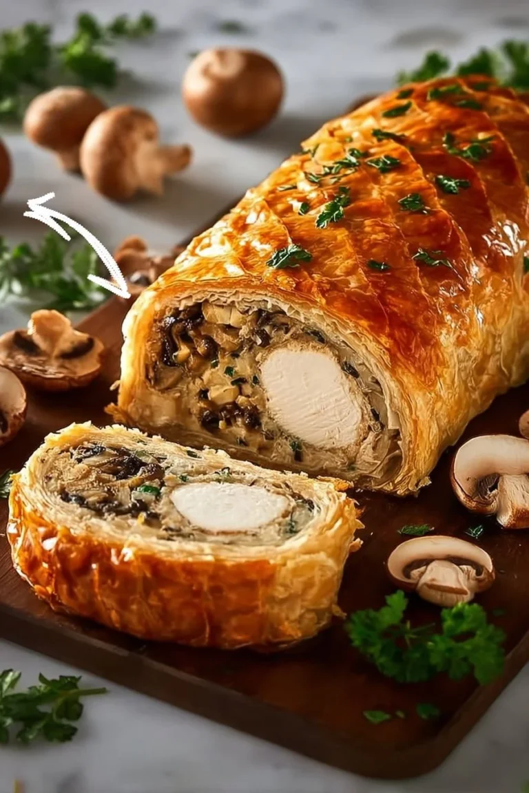 Golden-brown Chicken Wellington beautifully presented on a plate.