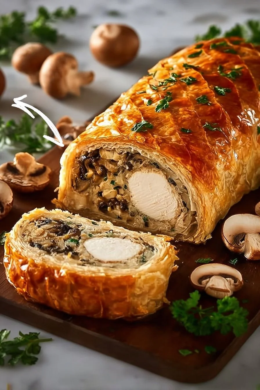 Golden-brown Chicken Wellington beautifully presented on a plate.