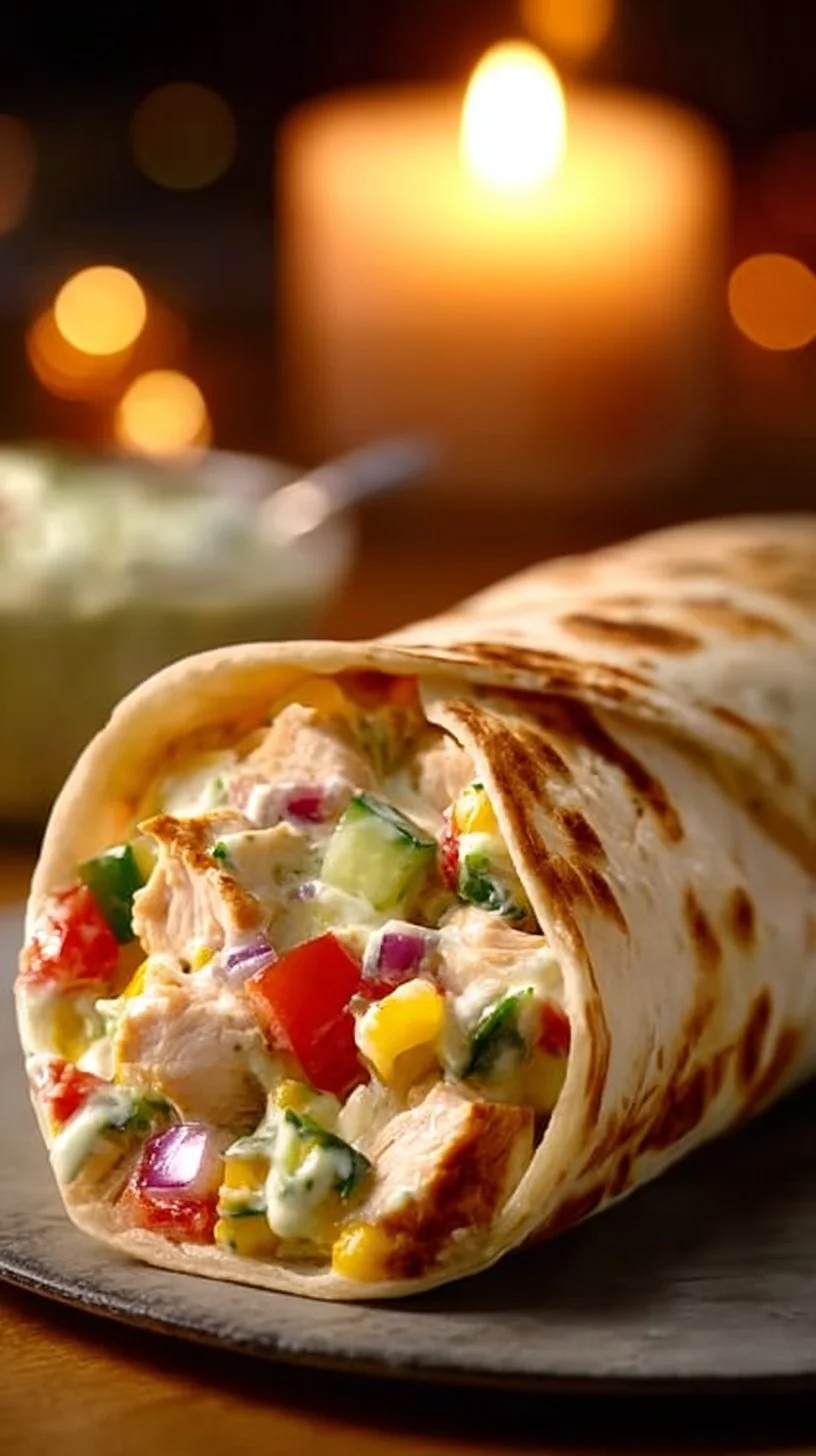 Chopped Greek Chicken Wrap with fresh veggies and sauce