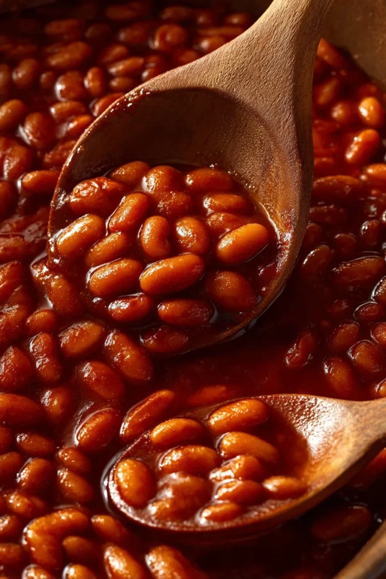 Bowl of classic baked beans with fresh herbs and bread on the side