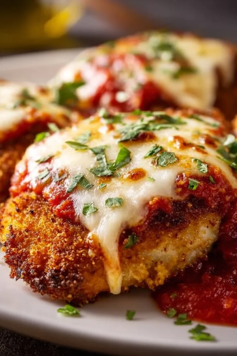 Delicious Classic Chicken Parmesan served with marinara sauce and melted cheese