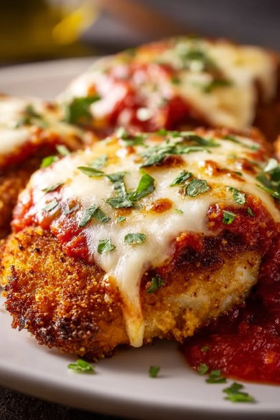 Delicious Classic Chicken Parmesan served with marinara sauce and melted cheese
