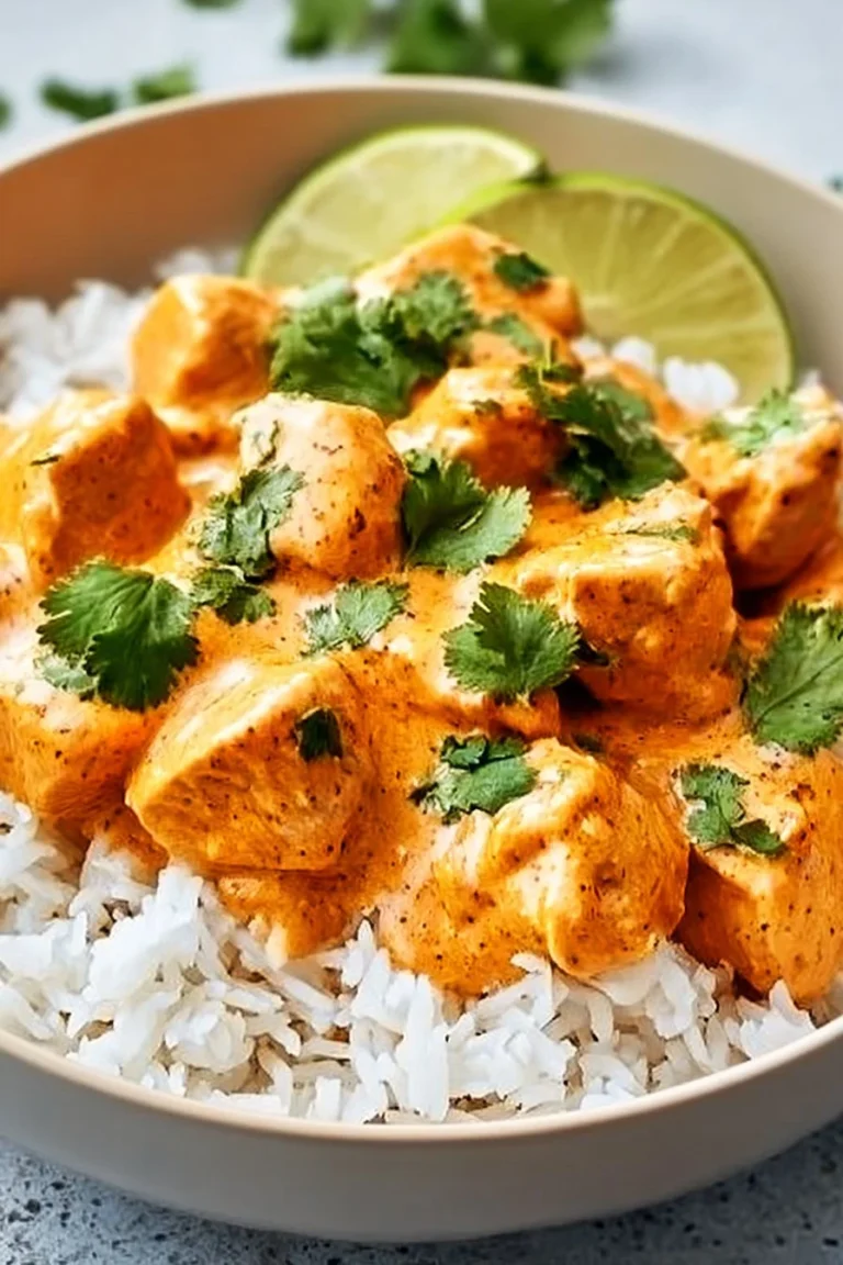 Delicious Coconut Chicken Rice Bowl topped with fresh herbs and creamy sauce