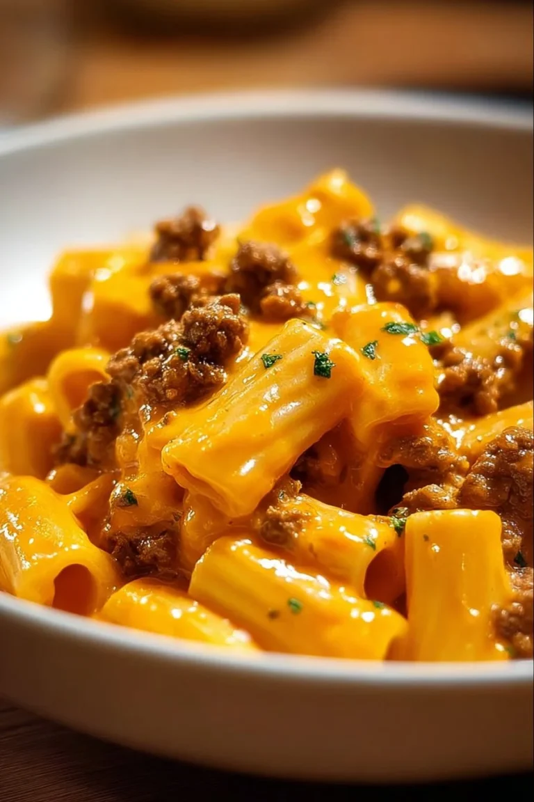 Creamy cheesy beef pasta dish with melted cheese and fresh herbs