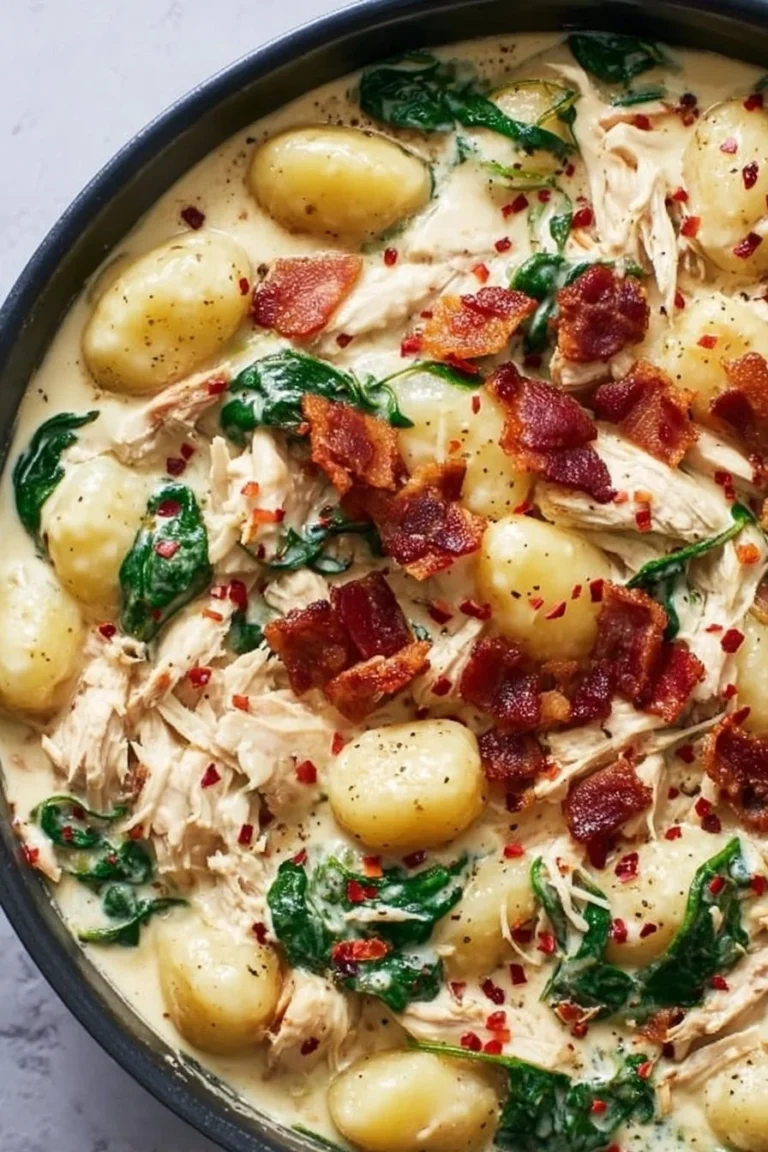 Creamy chicken gnocchi served in a white bowl with herbs