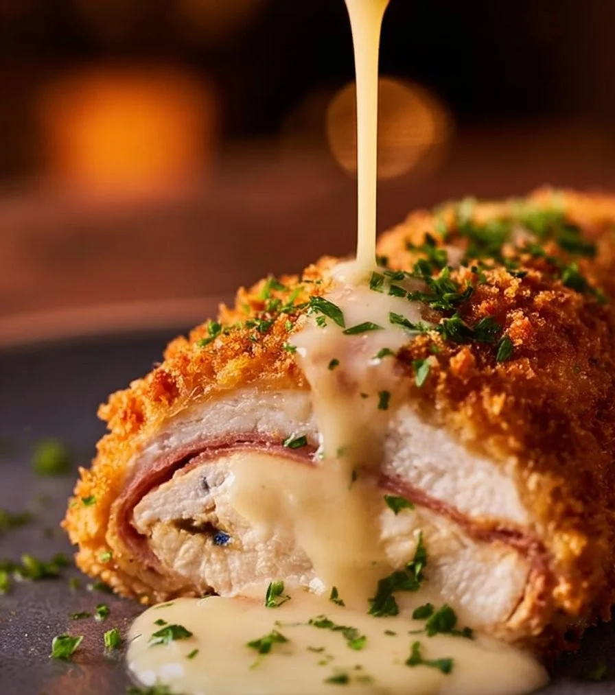 Crispy Creamy Chicken Cordon Bleu plate garnished with herbs