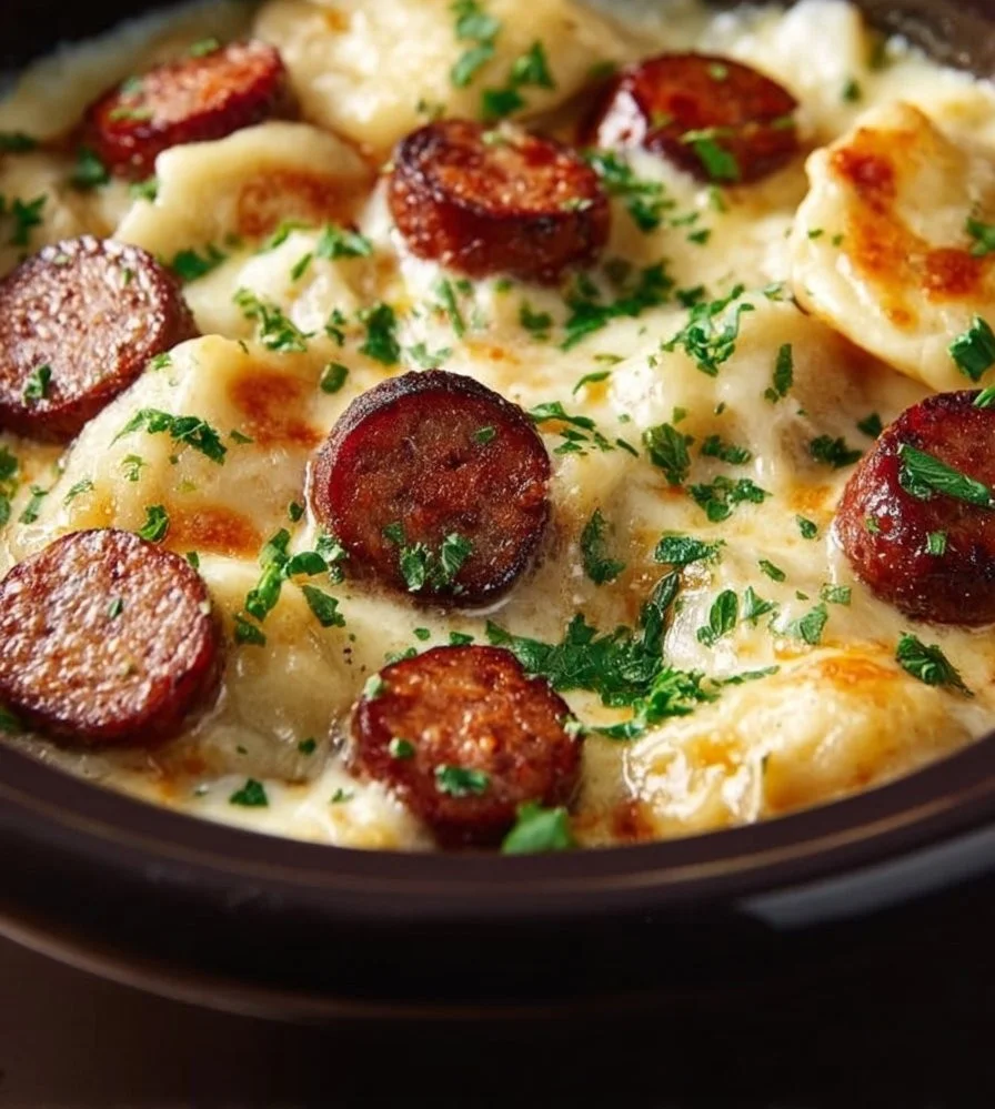 Crock Pot Pierogi Casserole with Kielbasa served in a dish